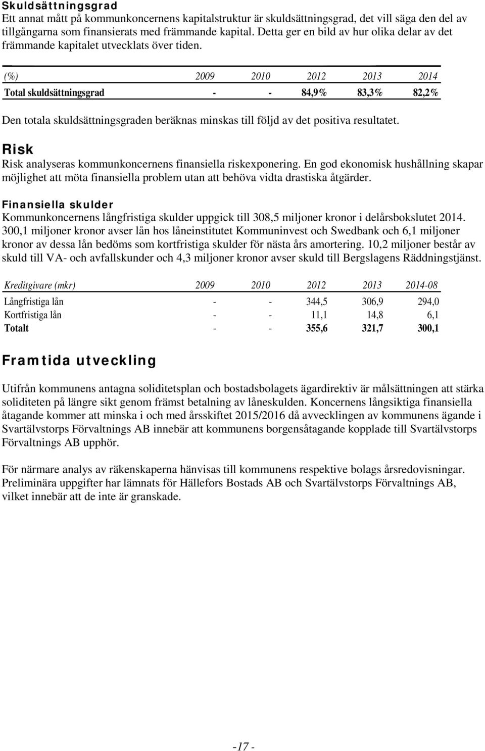 (%) 2009 2010 2012 2013 2014 Total skuldsättningsgrad - - 84,9% 83,3% 82,2% Den totala skuldsättningsgraden beräknas minskas till följd av det positiva resultatet.