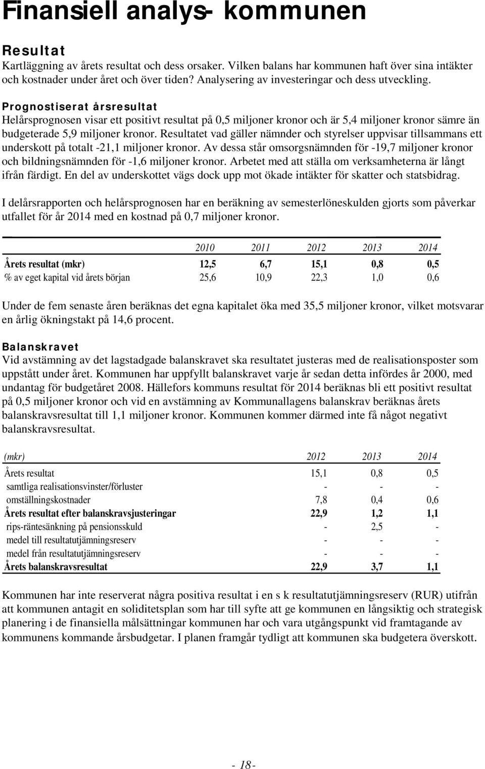 Prognostiserat årsresultat Helårsprognosen visar ett positivt resultat på 0,5 miljoner kronor och är 5,4 miljoner kronor sämre än budgeterade 5,9 miljoner kronor.