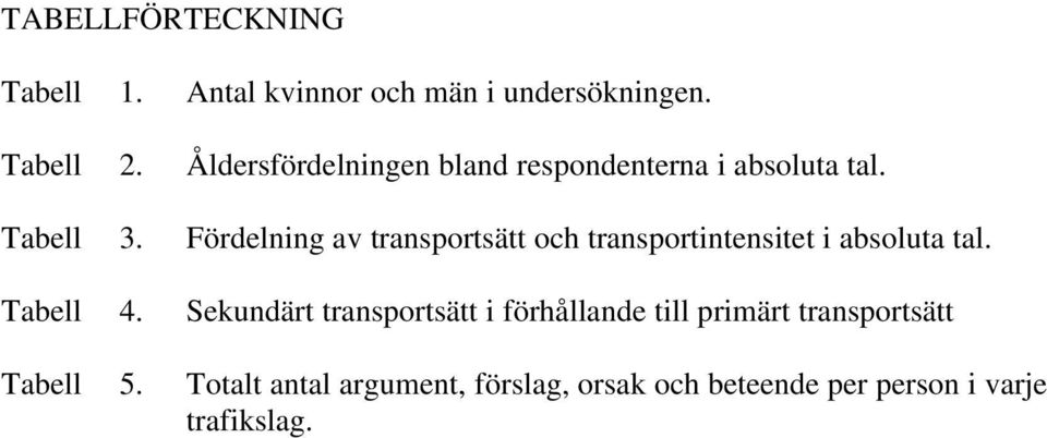 Fördelning av transportsätt och transportintensitet i absoluta tal. Tabell 4.