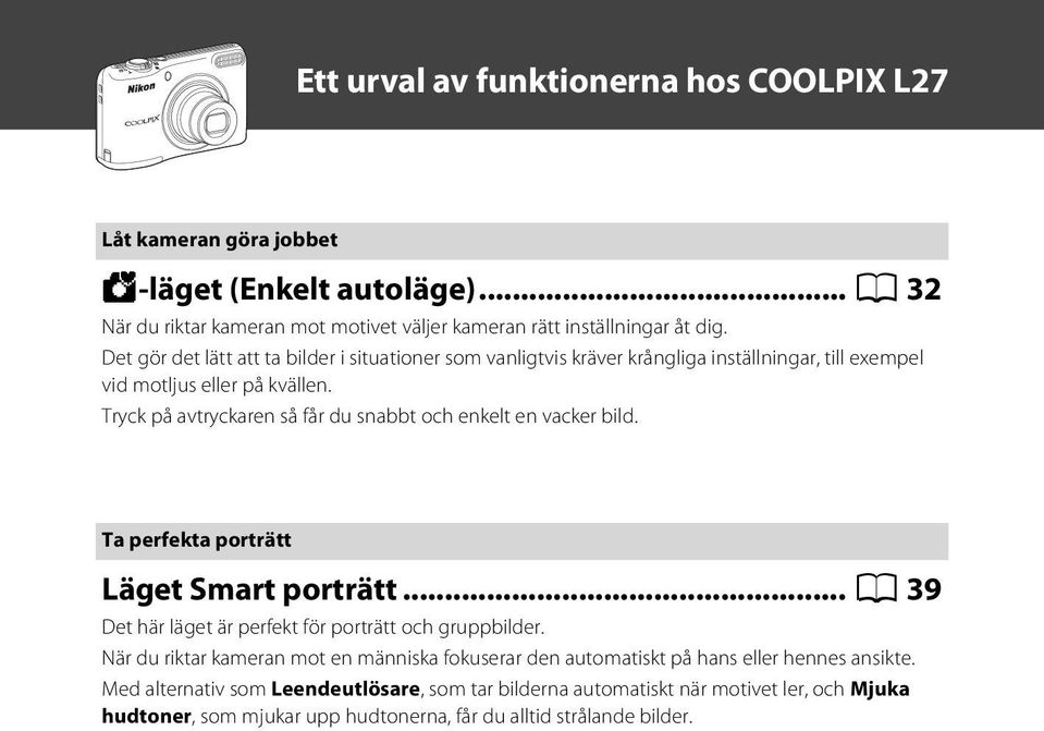 Tryck på avtryckaren så får du snabbt och enkelt en vacker bild. Ta perfekta porträtt Läget Smart porträtt... A 39 Det här läget är perfekt för porträtt och gruppbilder.