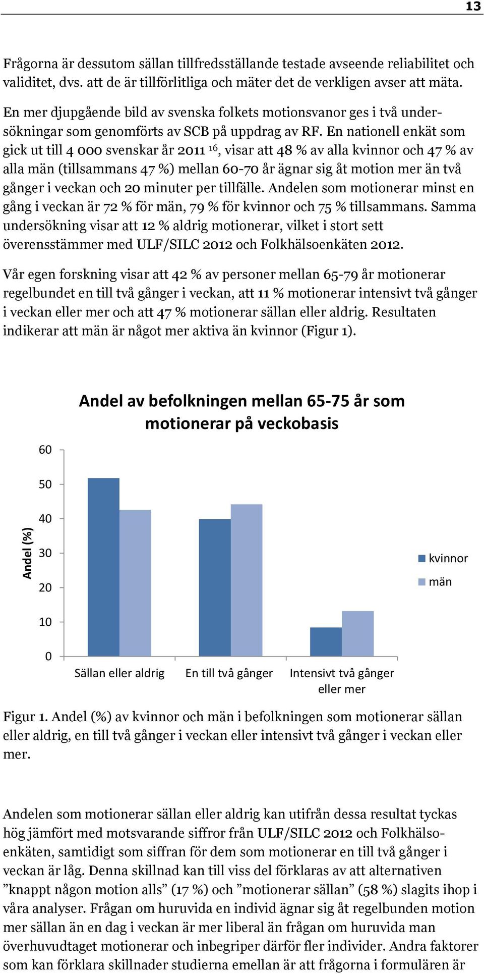 En nationell enkät som gick ut till 4 000 svenskar år 2011 16, visar att 48 % av alla kvinnor och 47 % av alla män (tillsammans 47 %) mellan 60-70 år ägnar sig åt motion mer än två gånger i veckan