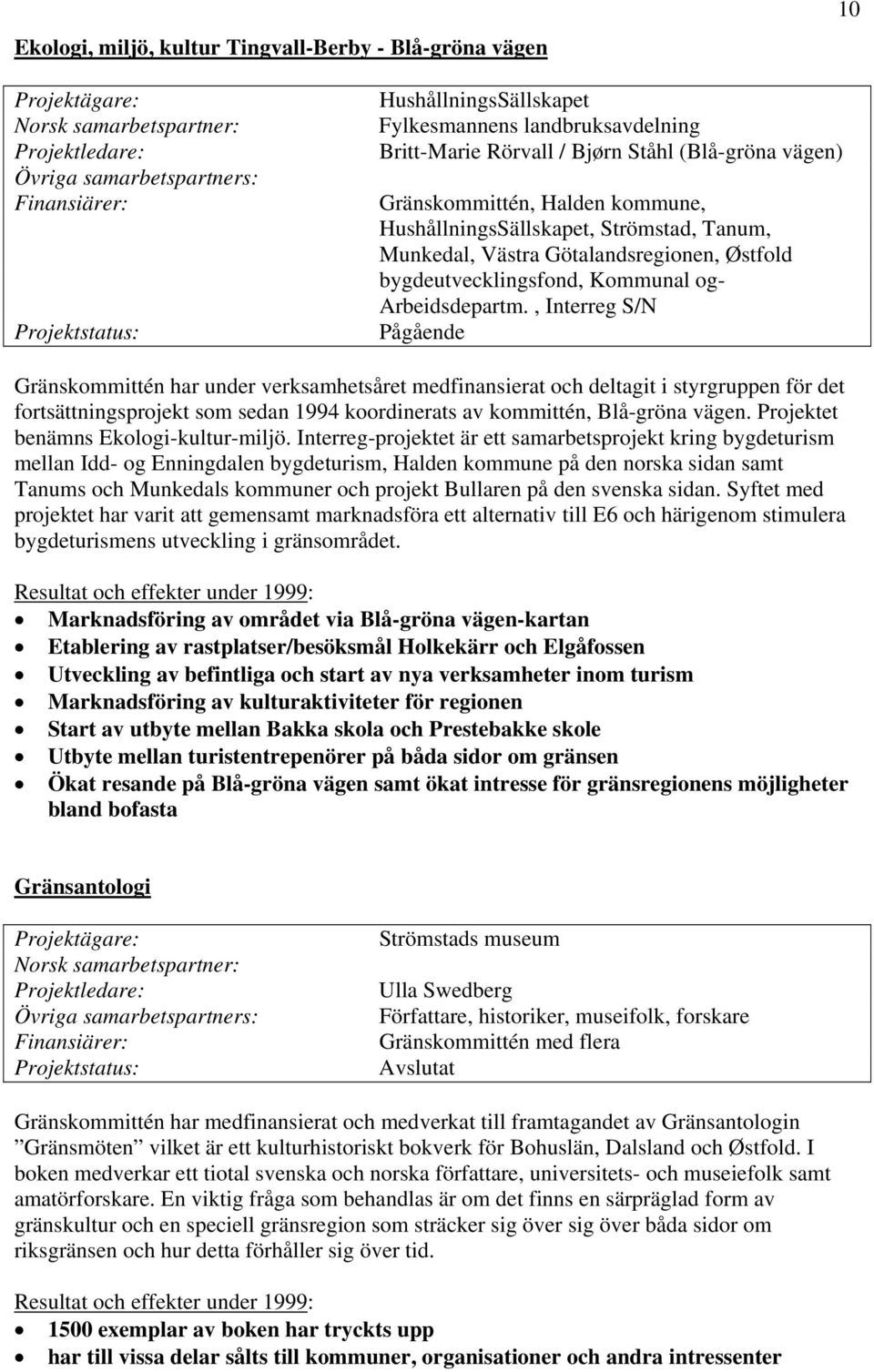 , Interreg S/N Pågående Gränskommittén har under verksamhetsåret medfinansierat och deltagit i styrgruppen för det fortsättningsprojekt som sedan 1994 koordinerats av kommittén, Blå-gröna vägen.