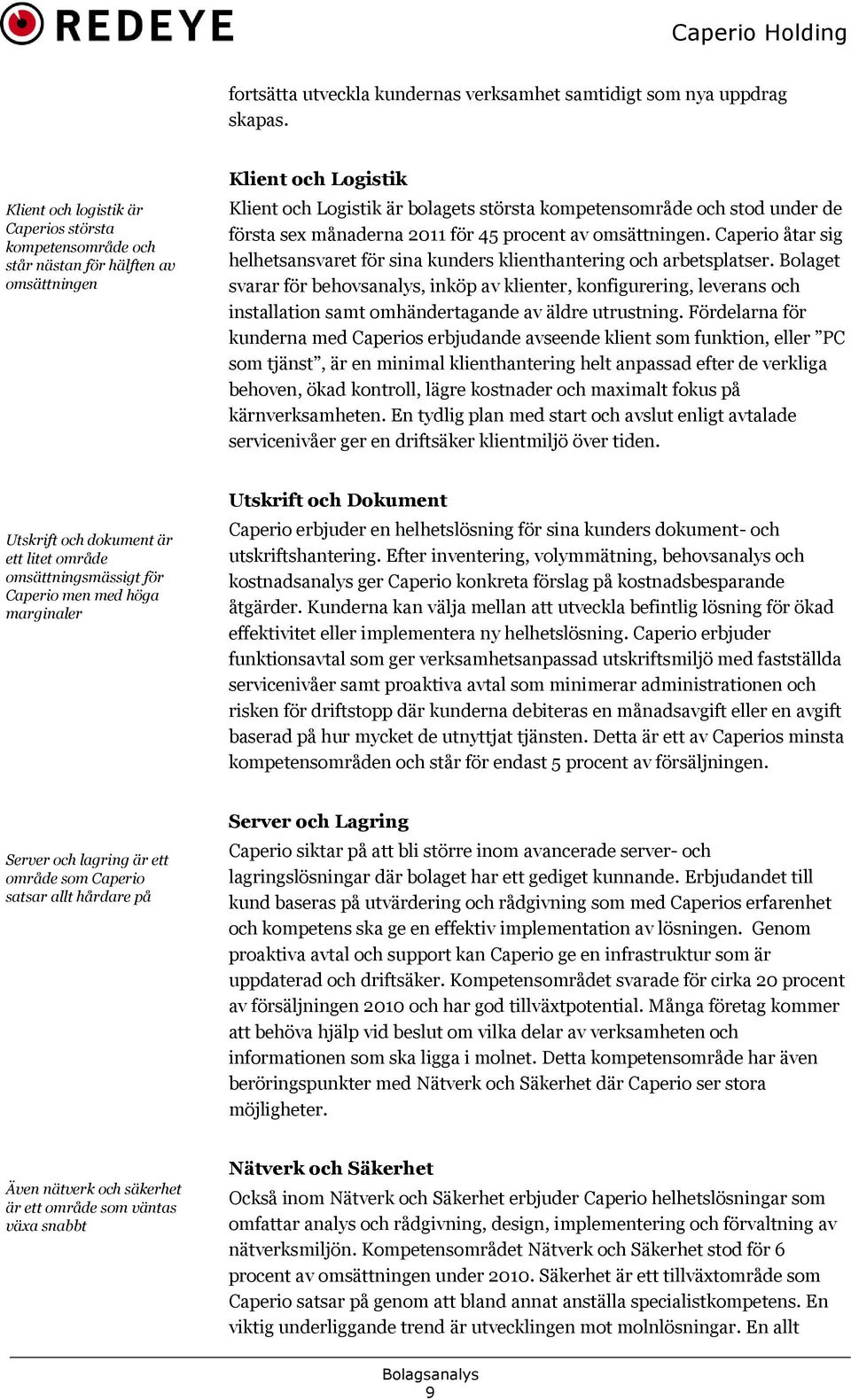 första sex månaderna 2011 för 45 procent av omsättningen. Caperio åtar sig helhetsansvaret för sina kunders klienthantering och arbetsplatser.