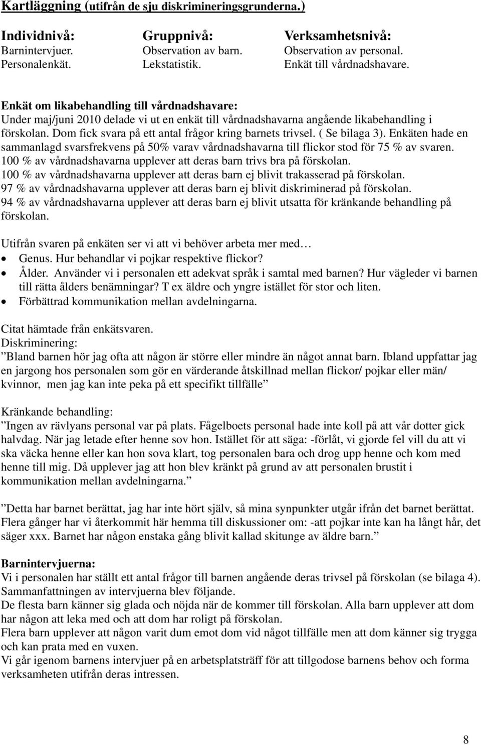 Dom fick svara på ett antal frågor kring barnets trivsel. ( Se bilaga 3). Enkäten hade en sammanlagd svarsfrekvens på 50% varav vårdnadshavarna till flickor stod för 75 % av svaren.