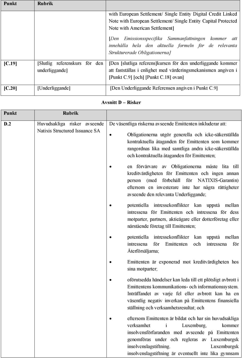 kommer att fastställas i enlighet med värderingsmekanismen angiven i [Punkt C.9] [och] [Punkt C.18] ovan] [C.20] [Underliggande] [Den Underliggande Referensen angiven i Punkt C.