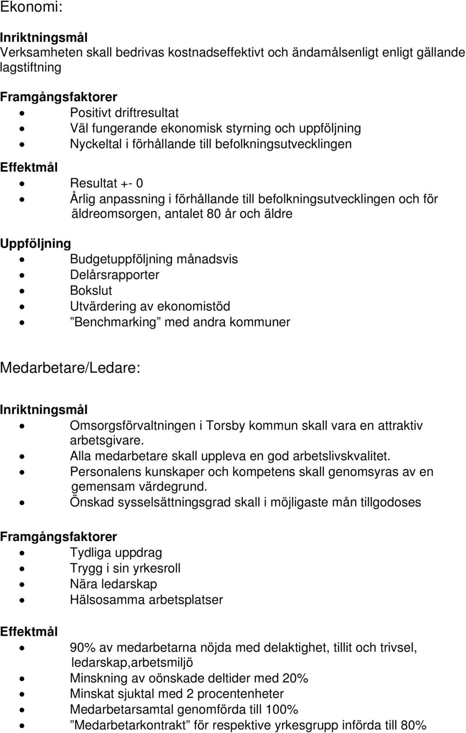 Bokslut Utvärdering av ekonomistöd Benchmarking med andra kommuner Medarbetare/Ledare: Omsorgsförvaltningen i Torsby kommun skall vara en attraktiv arbetsgivare.