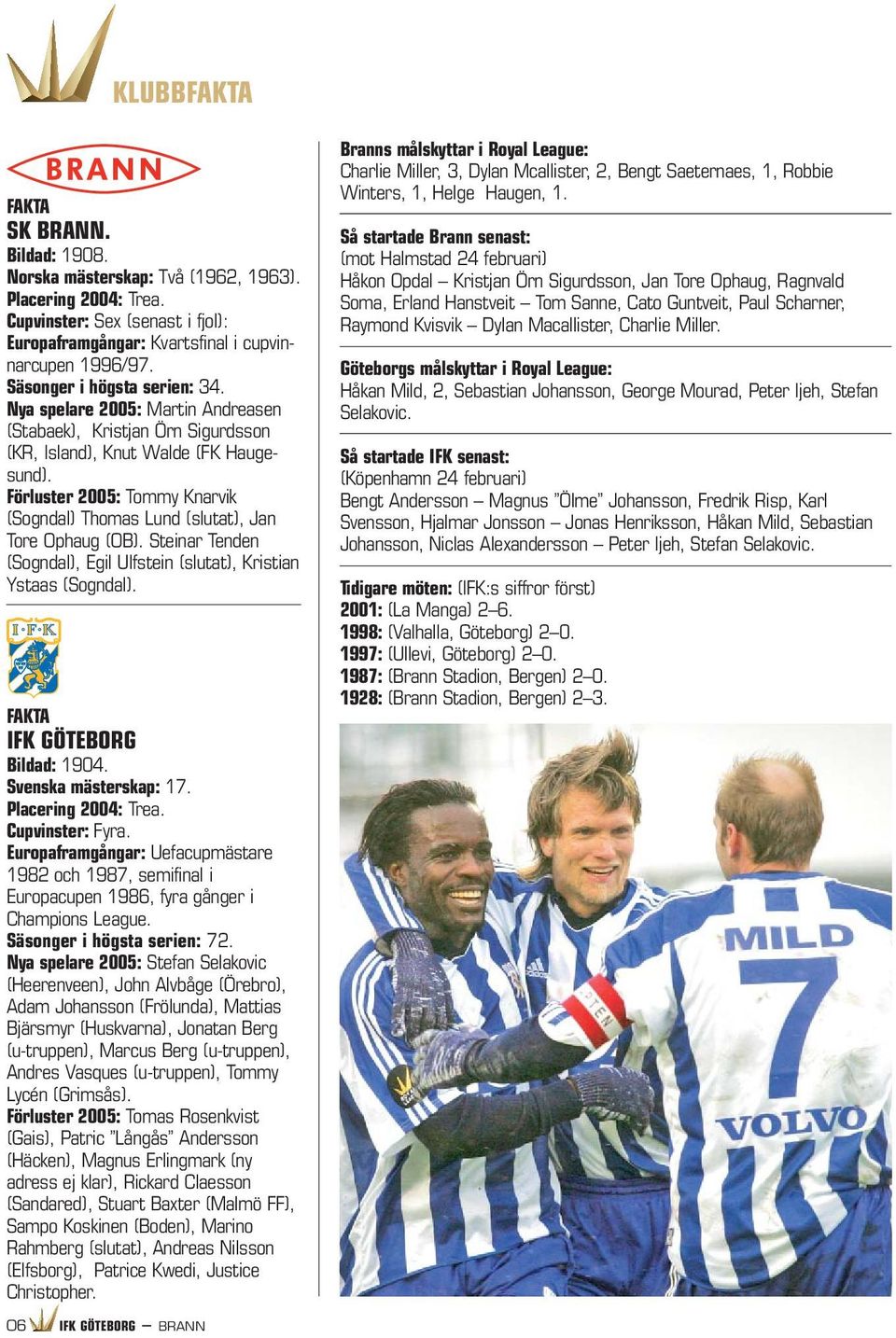 Förluster 2005: Tommy Knarvik (Sogndal) Thomas Lund (slutat), Jan Tore Ophaug (OB). Steinar Tenden (Sogndal), Egil Ulfstein (slutat), Kristian Ystaas (Sogndal). FAKTA IFK GÖTEBORG Bildad: 1904.