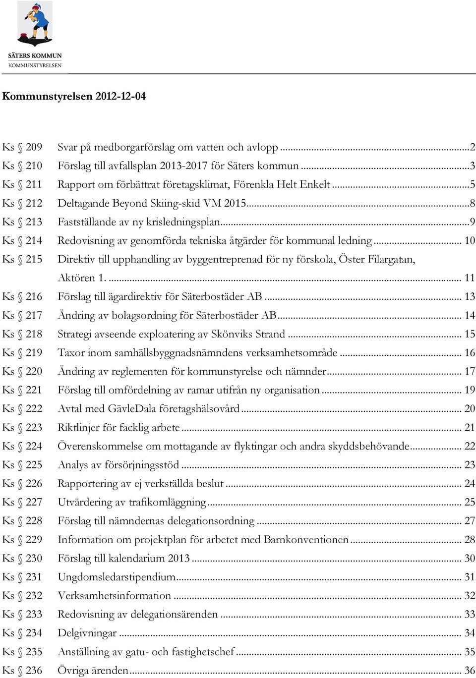 .. 9 Ks 214 Redovisning av genomförda tekniska åtgärder för kommunal ledning... 10 Ks 215 Direktiv till upphandling av byggentreprenad för ny förskola, Öster Filargatan, Aktören 1.