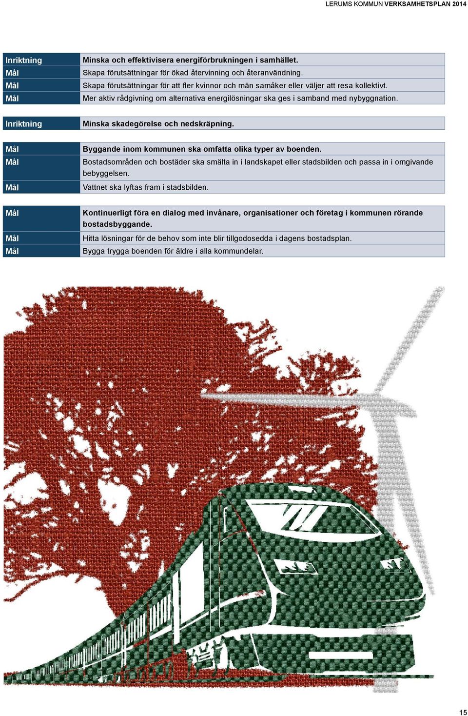 Minska skadegörelse och nedskräpning. Byggande inom kommunen ska omfatta olika typer av boenden.