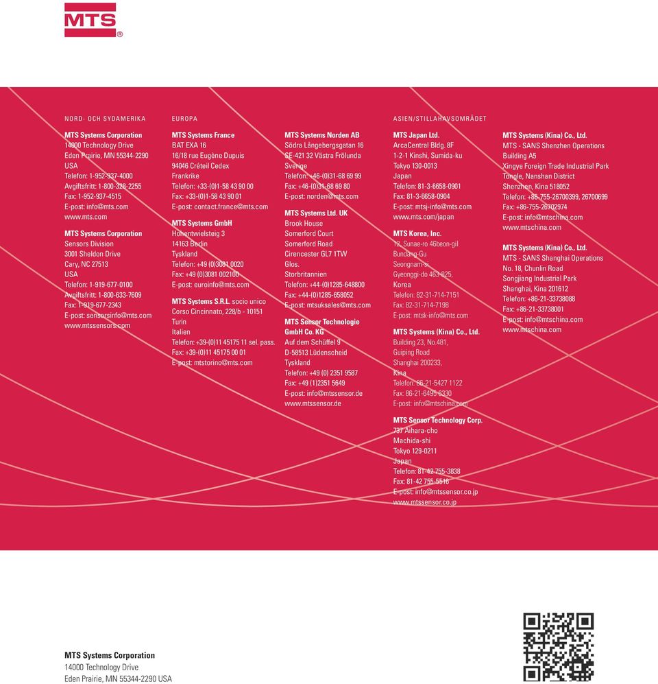 com www.mts.com MTS Systems Corporation Sensors Division 3001 Sheldon Drive Cary, NC 27513 USA Telefon: 1-919-677-0100 Avgiftsfritt: 1-800-633-7609 Fax: 1-919-677-2343 E-post: sensorsinfo@mts.com www.mtssensors.