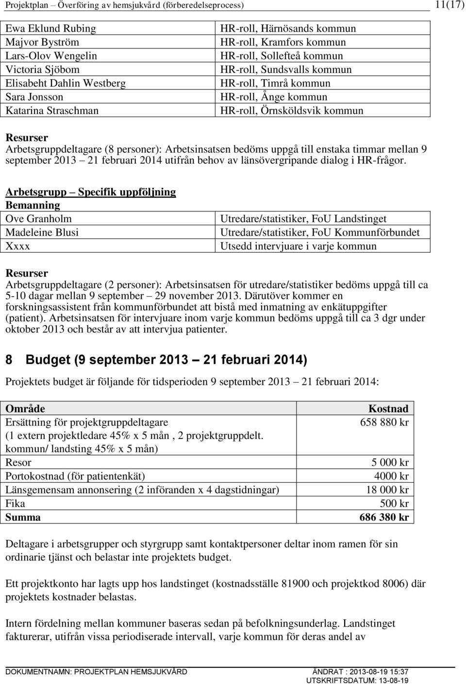 Arbetsgruppdeltagare (8 personer): Arbetsinsatsen bedöms uppgå till enstaka timmar mellan 9 september 2013 21 februari 2014 utifrån behov av länsövergripande dialog i HR-frågor.