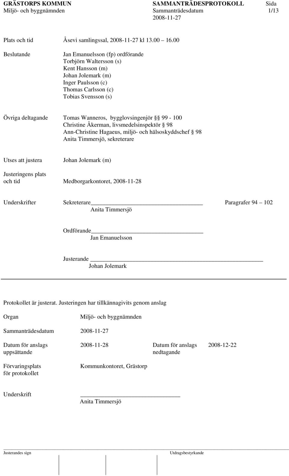 bygglovsingenjör 99-100 Christine Åkerman, livsmedelsinspektör 98 Ann-Christine Hagaeus, miljö- och hälsoskyddschef 98 Anita Timmersjö, sekreterare Utses att justera Johan Jolemark (m) Justeringens