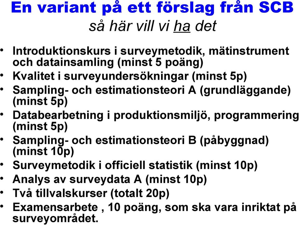 produktionsmiljö, programmering (minst 5p) Sampling- och estimationsteori B (påbyggnad) (minst 10p) Surveymetodik i officiell