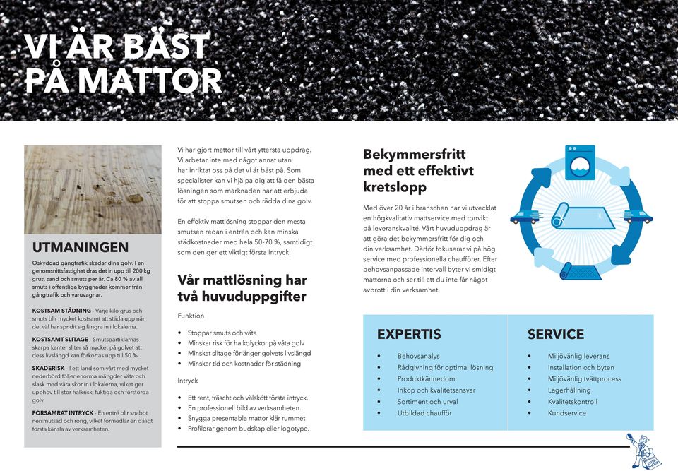 I en genomsnittsfastighet dras det in upp till 200 kg grus, sand och smuts per år. Ca 80 % av all smuts i offentliga byggnader kommer från gångtrafik och varuvagnar.