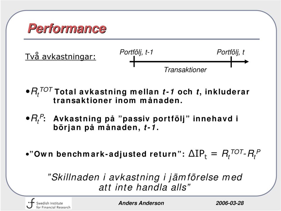 R t P : Avkastning på passiv portfölj innehavd i början på månaden, t-1.