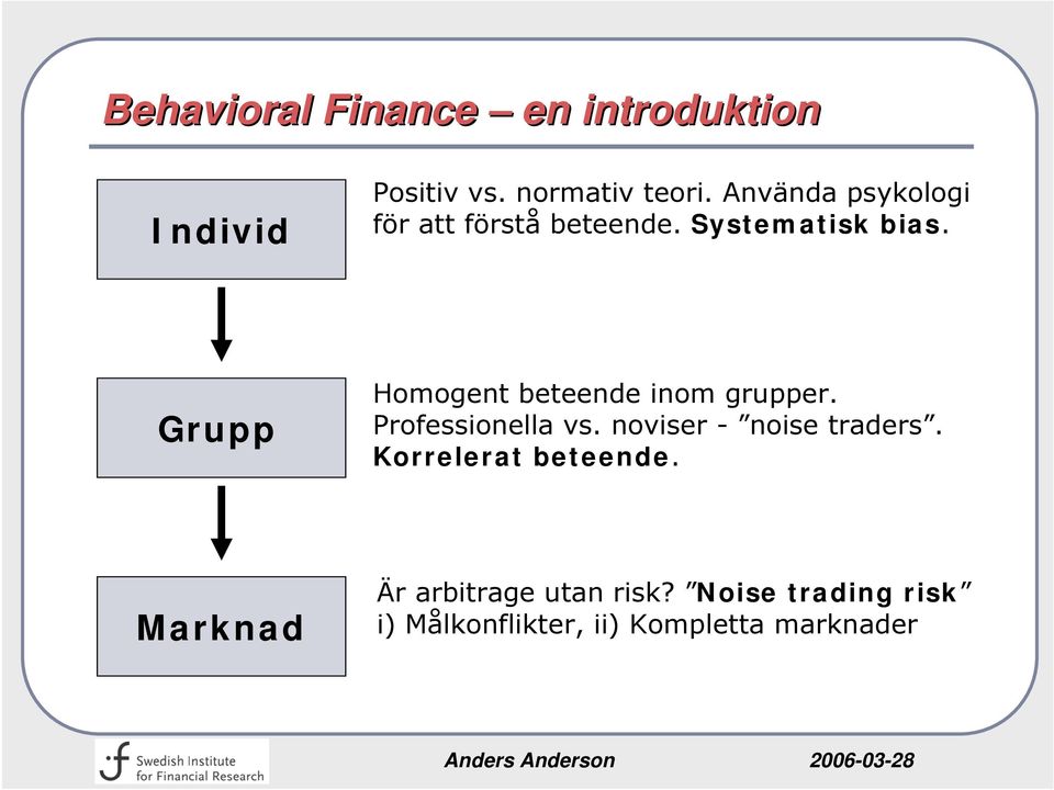 Grupp Homogent beteende inom grupper. Professionella vs. noviser - noise traders.