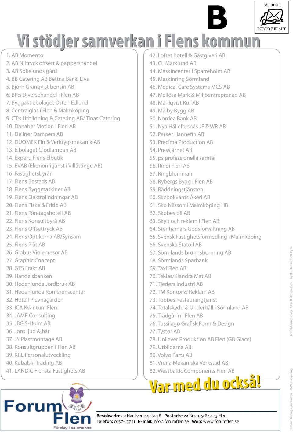 Dellner Dampers AB 12. DUOMEK Fin & Verktygsmekanik AB 13. Elbolaget Glödlampan AB 14. Expert, Flens Elbutik 15. EVAB (Ekonomitjänst i Villåttinge AB) 16. Fastighetsbyrån 17. Flens Bostads AB 18.