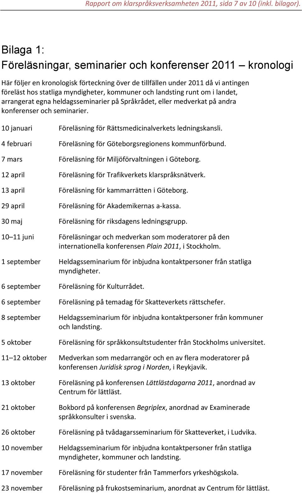 landsting runt om i landet, arrangerat egna heldagsseminarier på Språkrådet, eller medverkat på andra konferenser och seminarier. 10 januari Föreläsning för Rättsmedicinalverkets ledningskansli.