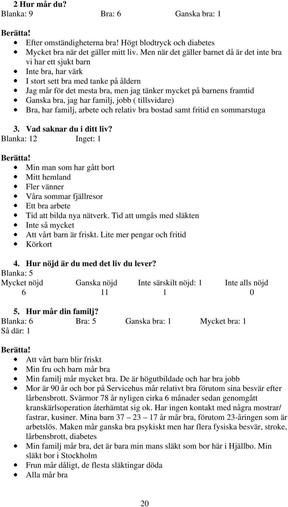 bra, jag har familj, jobb ( tillsvidare) Bra, har familj, arbete och relativ bra bostad samt fritid en sommarstuga 3. Vad saknar du i ditt liv? Blanka: 12 Inget: 1 Berätta!