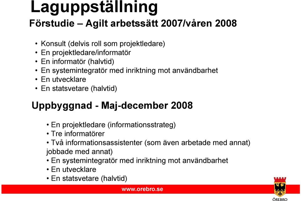 statsvetare (halvtid) Uppbyggnad - Maj-december 2008 En projektledare (informationsstrateg) Tre informatörer Två