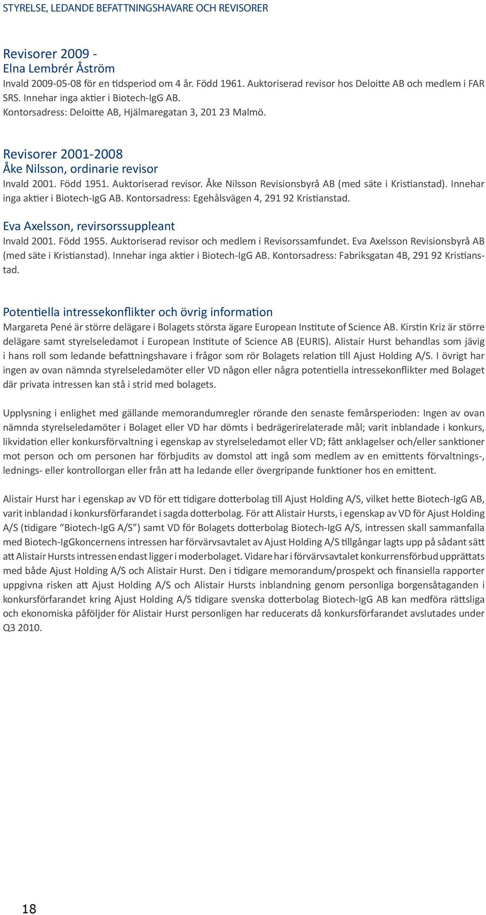 Revisorer 2001-2008 Åke Nilsson, ordinarie revisor Invald 2001. Född 1951. Auktoriserad revisor. Åke Nilsson Revisionsbyrå AB (med säte i Kristianstad). Innehar inga aktier i Biotech-IgG AB.