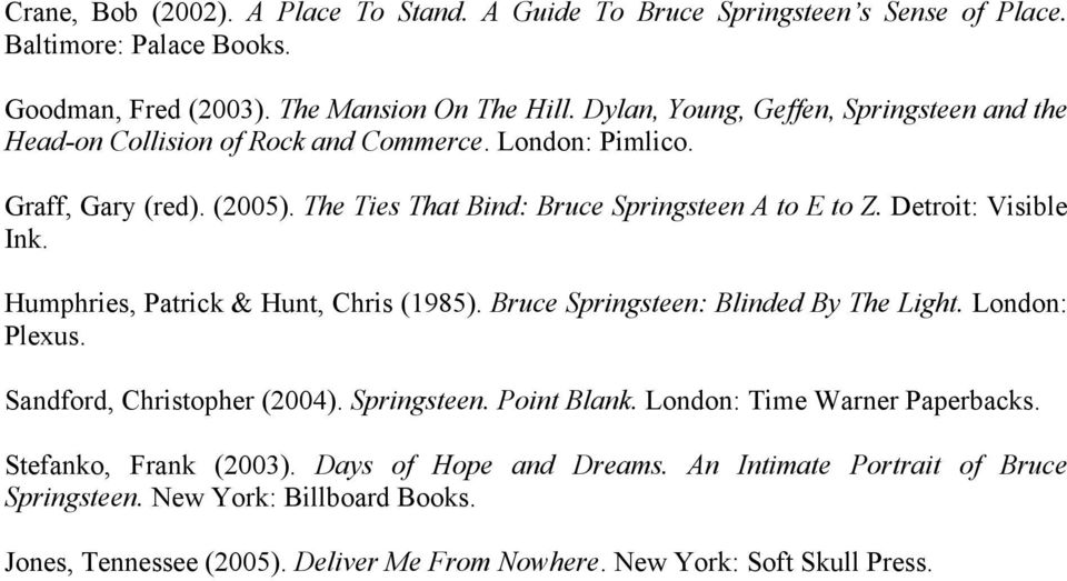 Detroit: Visible Ink. Humphries, Patrick & Hunt, Chris (1985). Bruce Springsteen: Blinded By The Light. London: Plexus. Sandford, Christopher (2004). Springsteen. Point Blank.