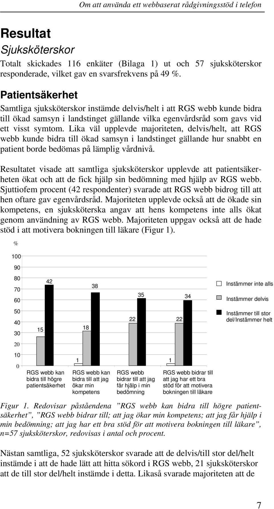 Lika väl upplevde majoriteten, delvis/helt, att RGS webb kunde bidra till ökad samsyn i landstinget gällande hur snabbt en patient borde bedömas på lämplig vårdnivå.