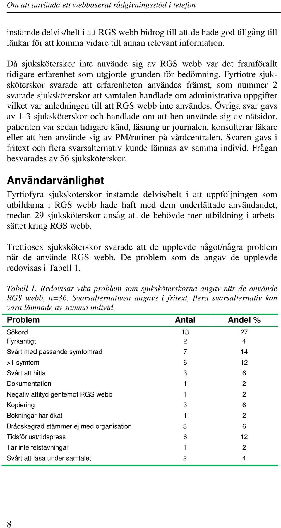 Fyrtiotre sjuksköterskor svarade att erfarenheten användes främst, som nummer 2 svarade sjuksköterskor att samtalen handlade om administrativa uppgifter vilket var anledningen till att RGS webb inte