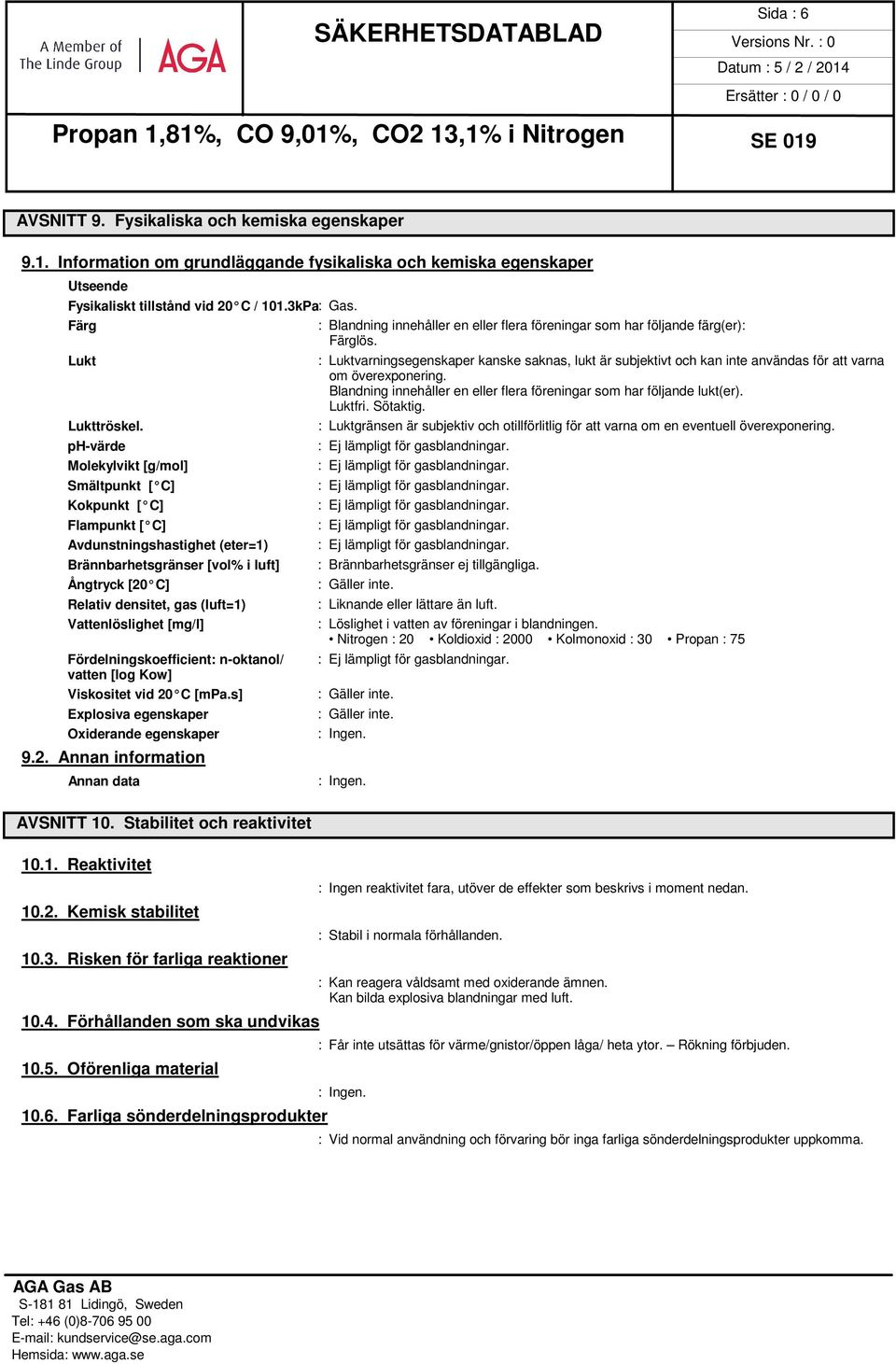 ph-värde Molekylvikt [g/mol] Smältpunkt [ C] Kokpunkt [ C] Flampunkt [ C] Avdunstningshastighet (eter=1) Brännbarhetsgränser [vol% i luft] Ångtryck [20 C] Relativ densitet, gas (luft=1)