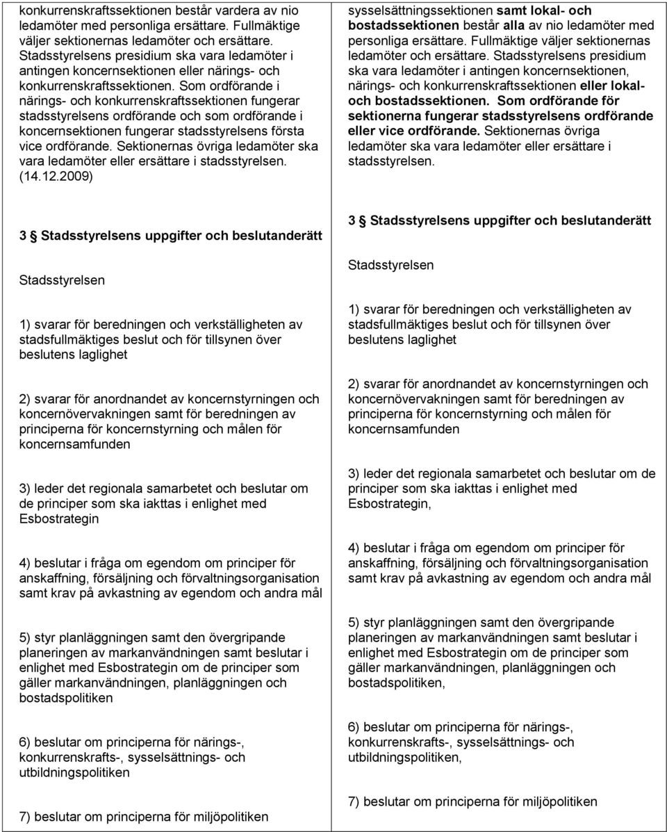 Som ordförande i närings- och konkurrenskraftssektionen fungerar stadsstyrelsens ordförande och som ordförande i koncernsektionen fungerar stadsstyrelsens första vice ordförande.