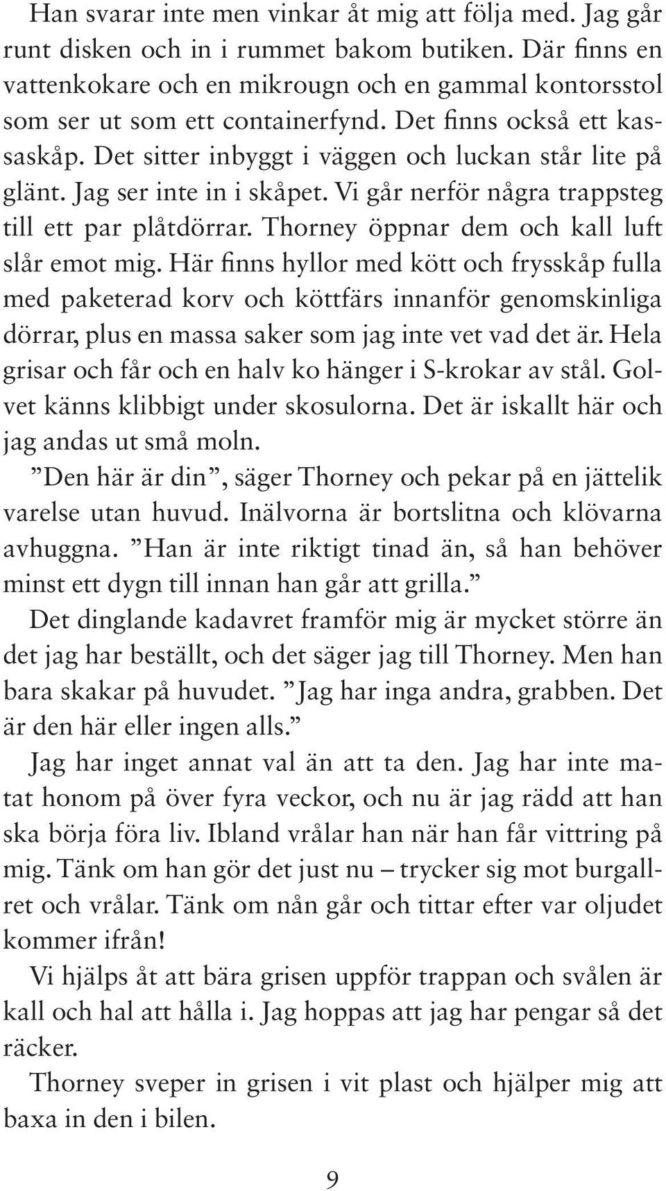 Jag ser inte in i skåpet. Vi går nerför några trappsteg till ett par plåtdörrar. Thorney öppnar dem och kall luft slår emot mig.