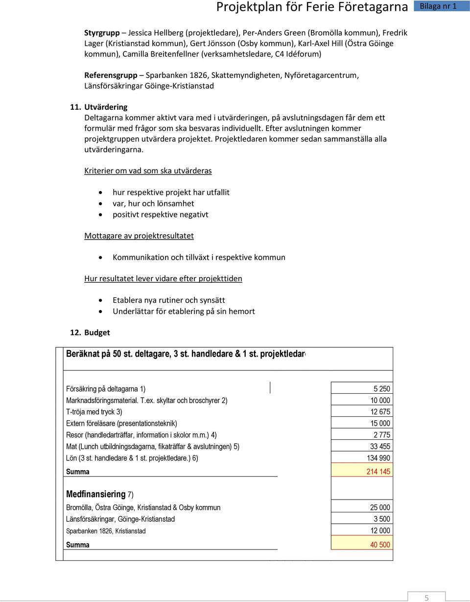 Utvärdering Deltagarna kommer aktivt vara med i utvärderingen, på avslutningsdagen får dem ett formulär med frågor som ska besvaras individuellt.