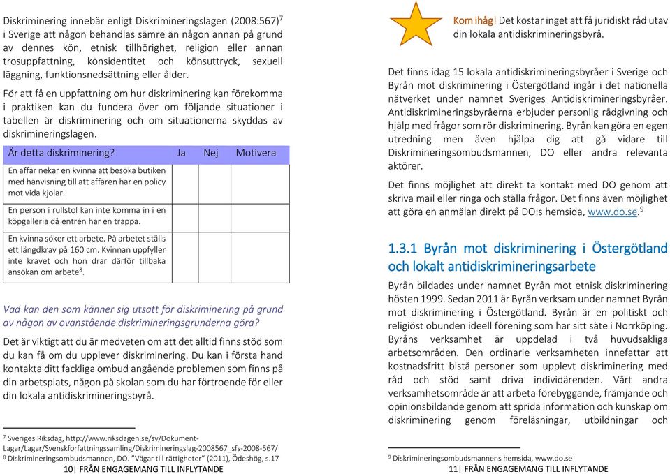 För att få en uppfattning om hur diskriminering kan förekomma i praktiken kan du fundera över om följande situationer i tabellen är diskriminering och om situationerna skyddas av diskrimineringslagen.