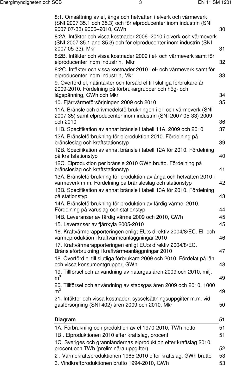 3) och för elproducenter inom industrin (SNI 2007 05-33), Mkr 31 8:2B. Intäkter och vissa kostnader 2009 i el- och värmeverk samt för elproducenter inom industrin, Mkr 32 8:2C.