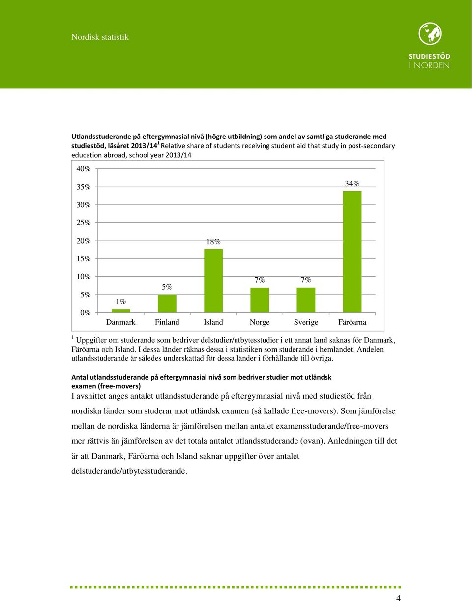 Danmark, Färöarna och Island. I dessa länder räknas dessa i statistiken som studerande i hemlandet. Andelen utlandsstuderande är således underskattad för dessa länder i förhållande till övriga.