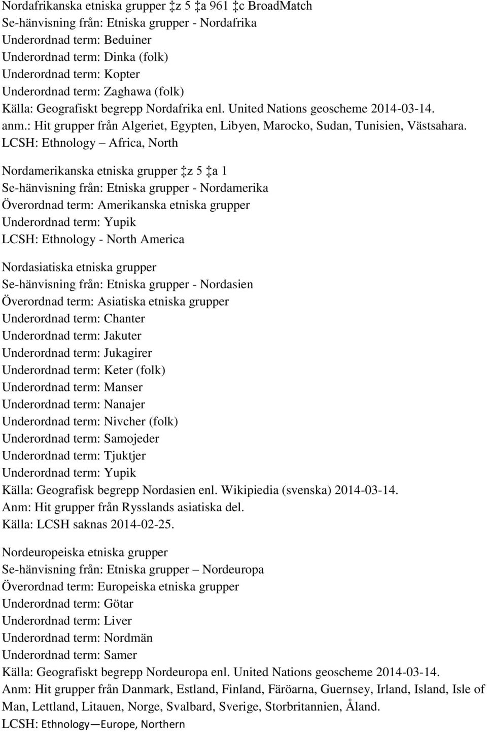 LCSH: Ethnology Africa, North Nordamerikanska etniska grupper z 5 a 1 Se-hänvisning från: Etniska grupper - Nordamerika Överordnad term: Amerikanska etniska grupper Underordnad term: Yupik LCSH: