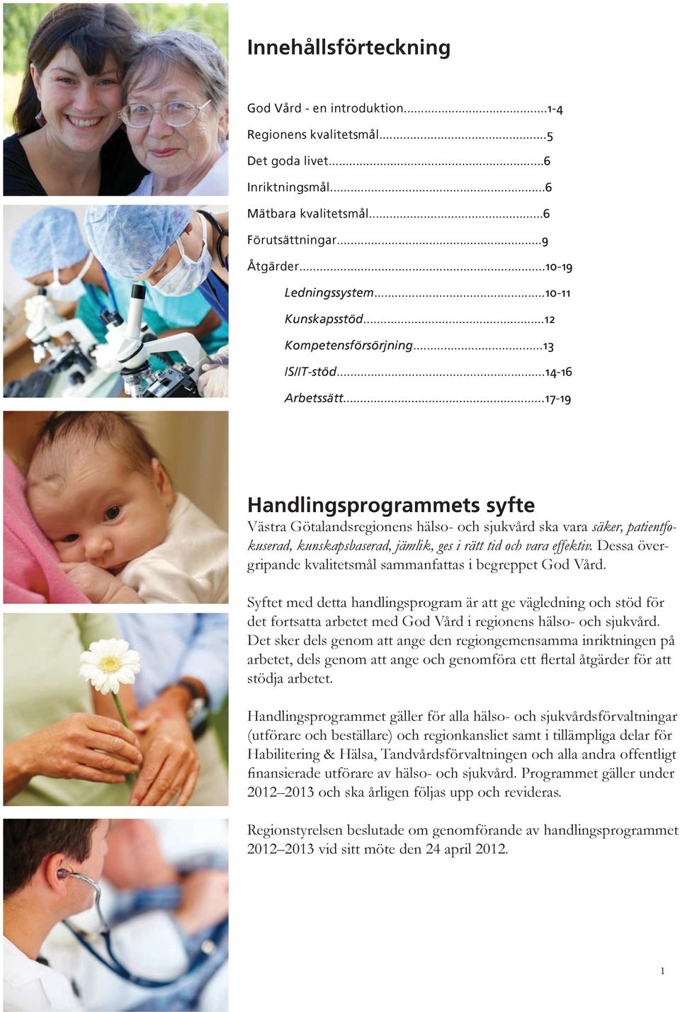 ..17-19 Handlingsprogrammets syfte Västra Götalandsregionens hälso- och sjukvård ska vara säker, patientfokuserad, kunskapsbaserad, jämlik, ges i rätt tid och vara effektiv.