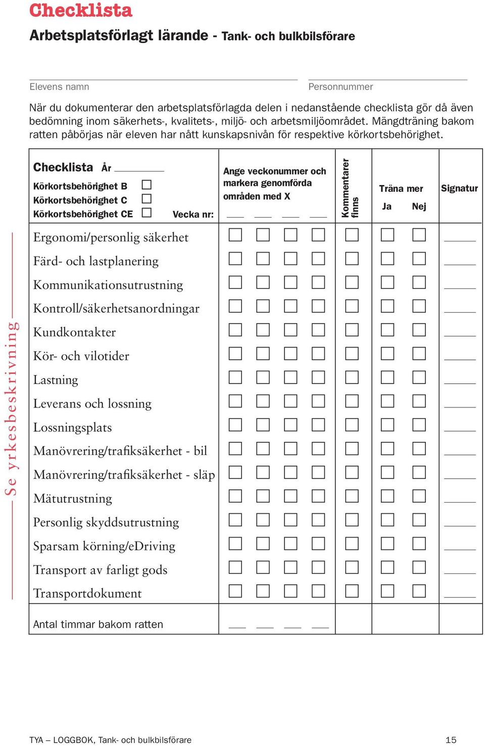 Checklista År Körkortsbehörighet B Körkortsbehörighet C Körkortsbehörighet CE Vecka nr: Ange veckonummer och markera genomförda områden med X Kommentarer finns Träna mer Ja Nej Ergonomi/personlig