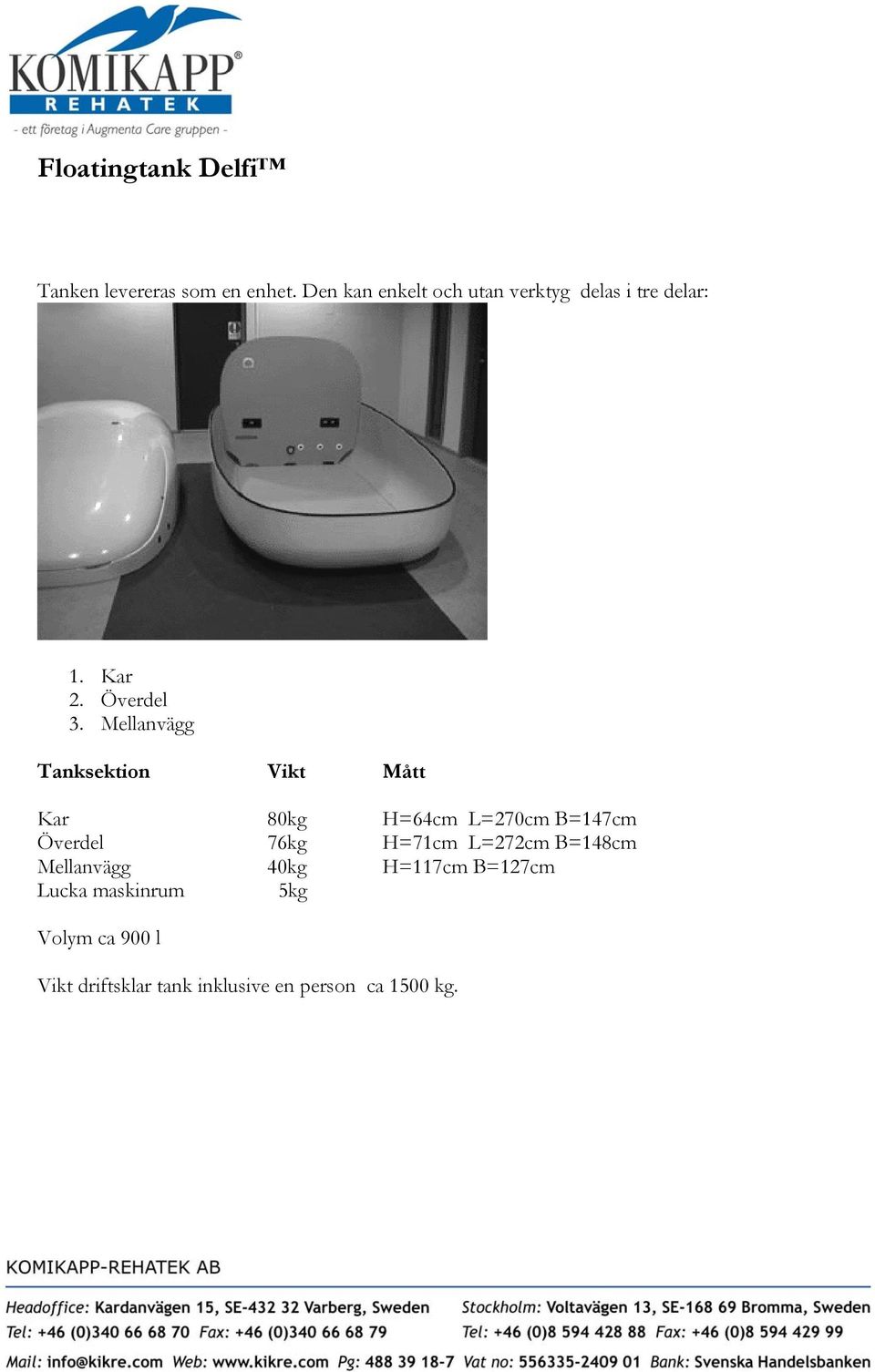 Mellanvägg Tanksektion Vikt Mått Kar 80kg H=64cm L=270cm B=147cm Överdel 76kg H=71cm