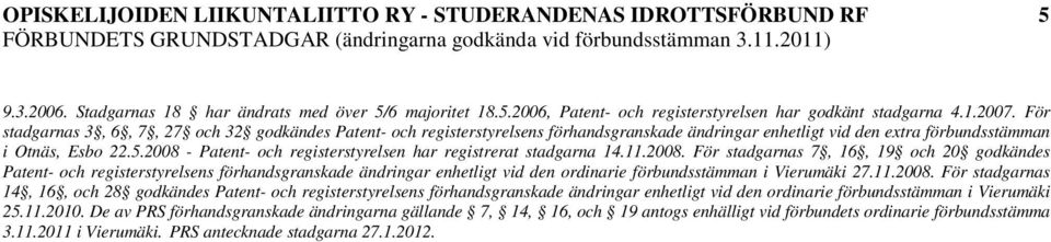 2008 - Patent- och registerstyrelsen har registrerat stadgarna 14.11.2008. För stadgarnas 7, 16, 19 och 20 godkändes Patent- och registerstyrelsens förhandsgranskade ändringar enhetligt vid den ordinarie förbundsstämman i Vierumäki 27.
