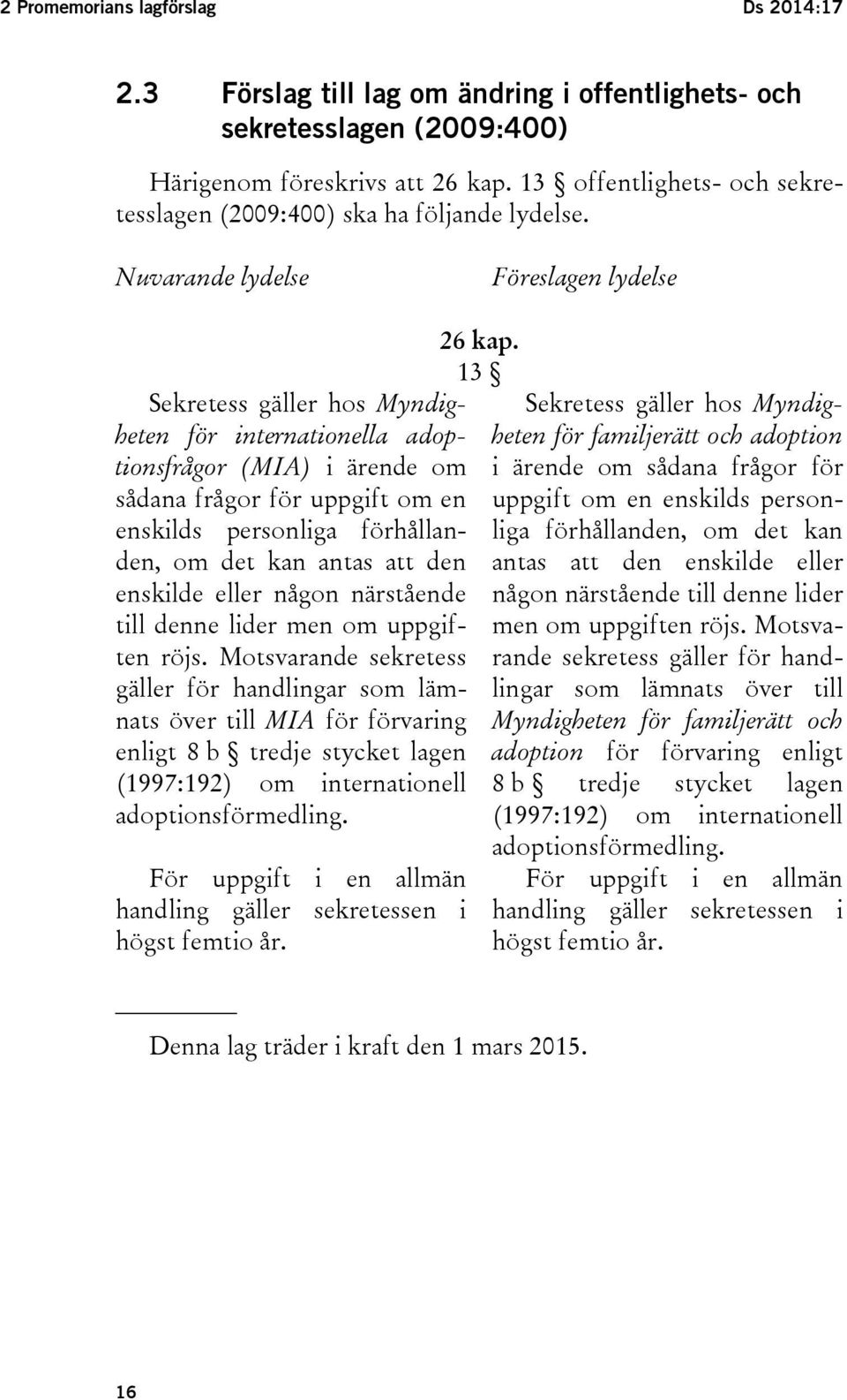 Nuvarande lydelse Föreslagen lydelse Sekretess gäller hos Myndigheten för internationella adoptionsfrågor (MIA) i ärende om sådana frågor för uppgift om en enskilds personliga förhållanden, om det