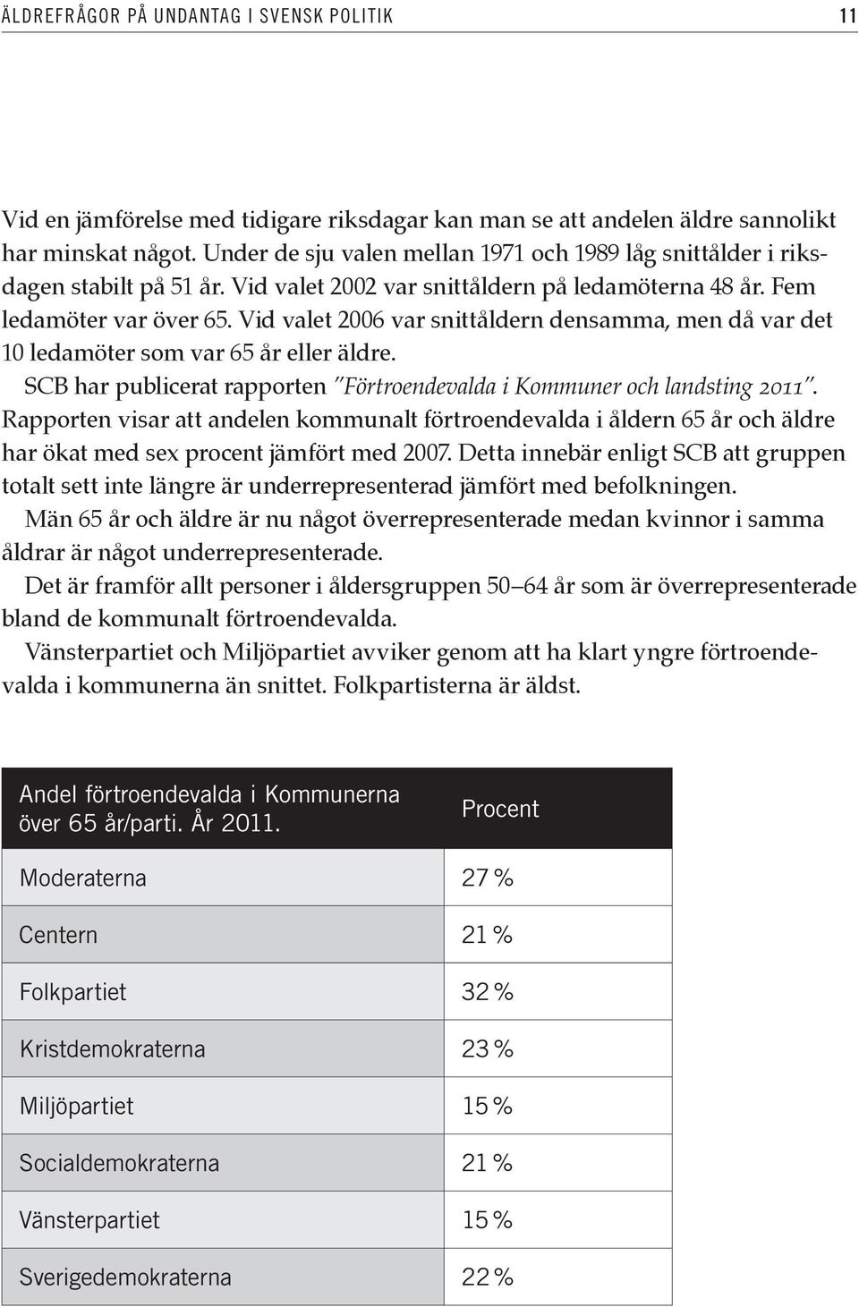 Vid valet 2006 var snittåldern densamma, men då var det 10 ledamöter som var 65 år eller äldre. SCB har publicerat rapporten Förtroendevalda i Kommuner och landsting 2011.