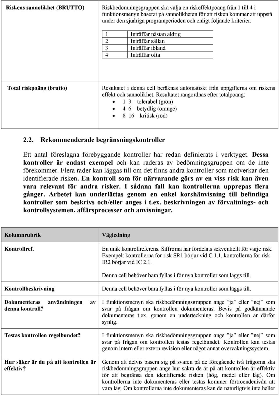 från uppgifterna om riskens effekt och sannolikhet. Resultatet rangordnas efter totalpoäng: 1 3 tolerabel (grön) 4 6 betydlig (orange) 8 16 kritisk (röd) 2.