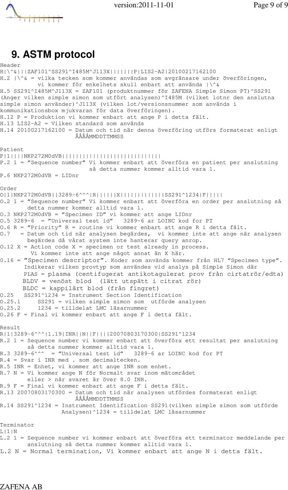 5 SS291^I485M^J113X = ZAF101 (produktnummer för ZAFENA Simple Simon PT)^SS291 (Anger vilken simple simon som utfört analysen)^i485m (vilket lotnr den anslutna simple simon använder)^j113x (vilken