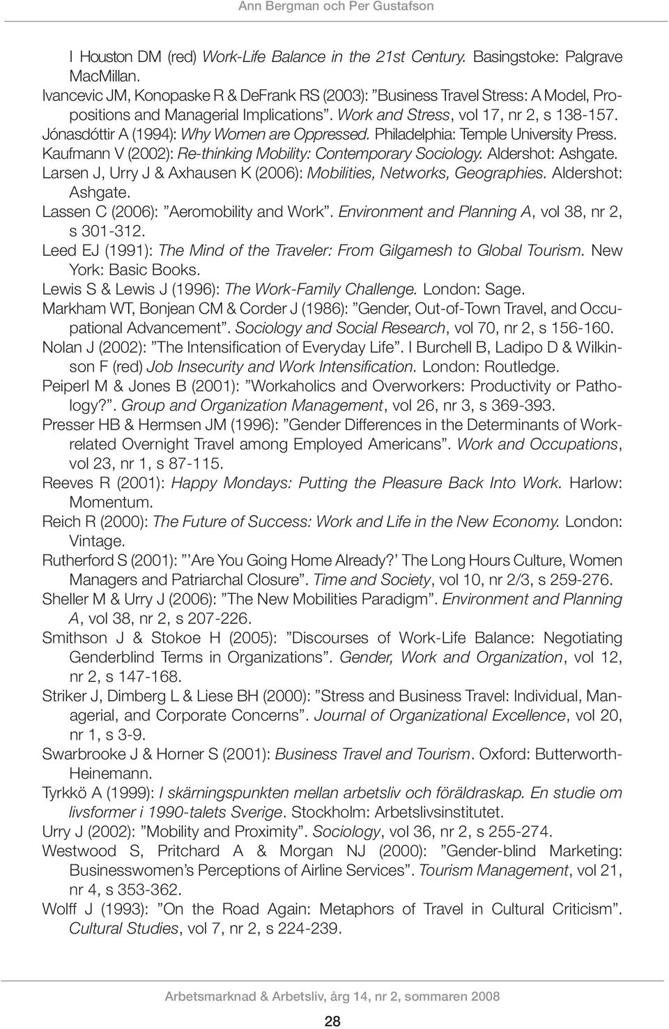 Jónasdóttir A (1994): Why Women are Oppressed. Philadelphia: Temple University Press. Kaufmann V (2002): Re-thinking Mobility: Contemporary Sociology. Aldershot: Ashgate.