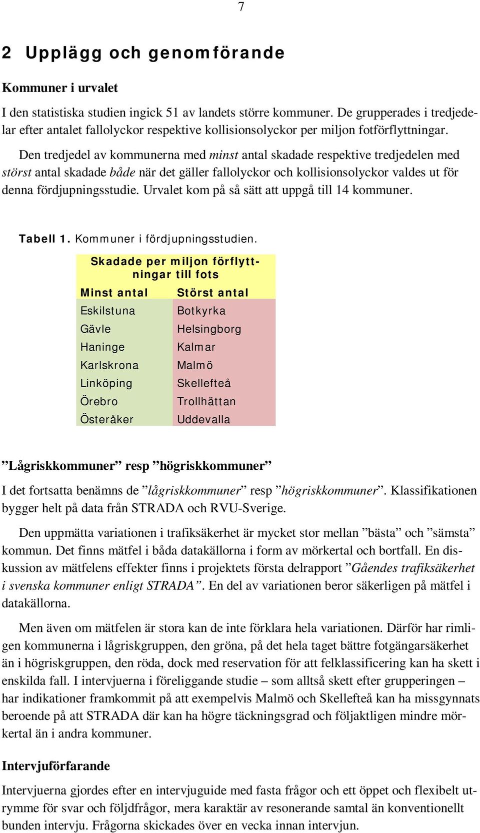 Den tredjedel av kommunerna med minst antal skadade respektive tredjedelen med störst antal skadade både när det gäller fallolyckor och kollisionsolyckor valdes ut för denna fördjupningsstudie.