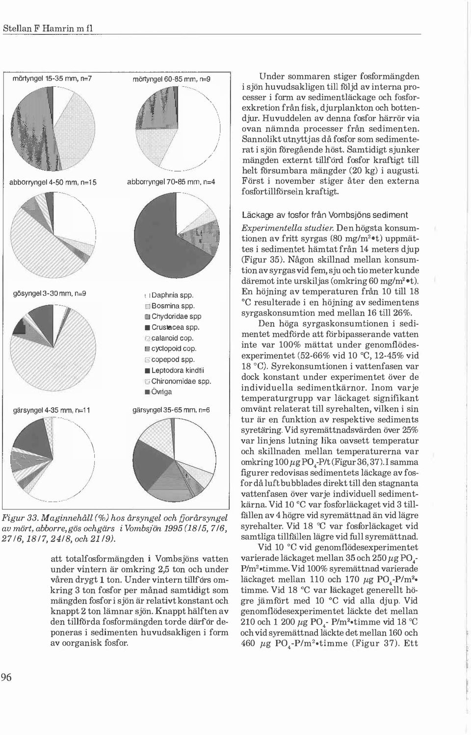 övriga gärsynge 35-65 mm, n=6 \\, j / Figur 33. Maginnehå (%) hs årsynge ch fjrårsynge au mört, abbrre, gös chgärs i Vmbsjön 1995 (1815, 7/6, 2716, 18/7, 24/8, ch 21 19).