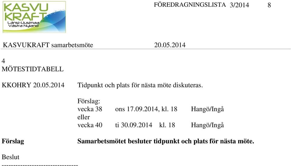 2014, kl. 18 Hangö/Ingå eller vecka 40 ti 30.09.2014 kl.