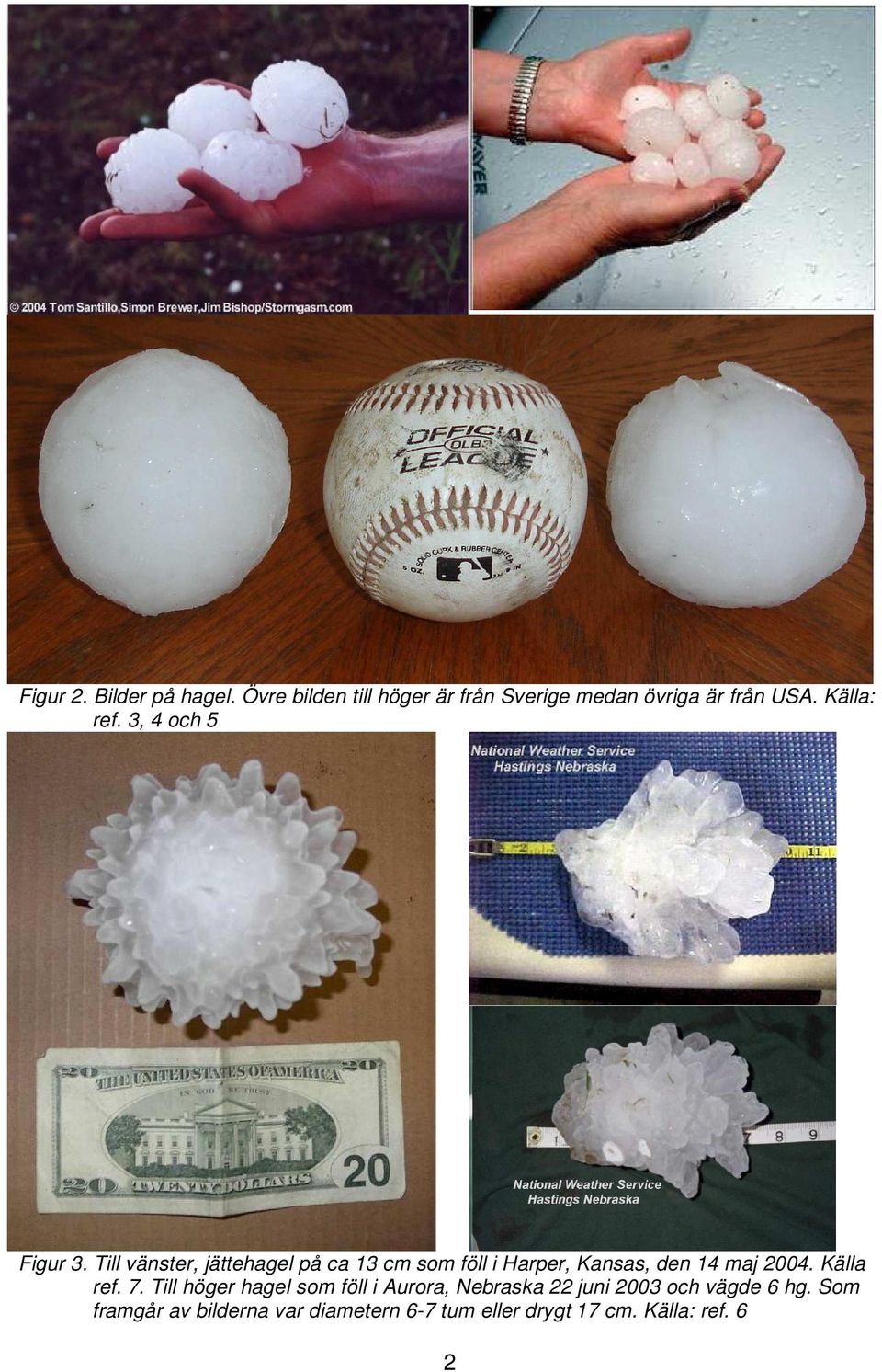 Till vänster, jättehagel på ca 13 cm som föll i Harper, Kansas, den 14 maj 2004. Källa ref.