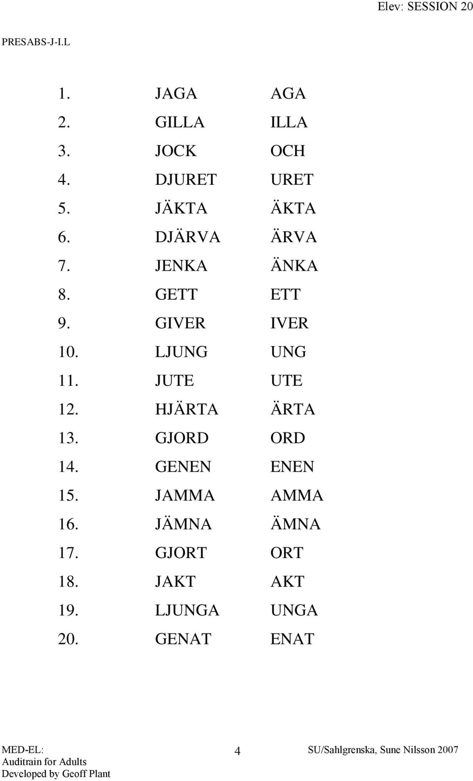 LJUNG UNG 11. JUTE UTE 12. HJÄRTA ÄRTA 13. GJORD ORD 14. GENEN ENEN 15.